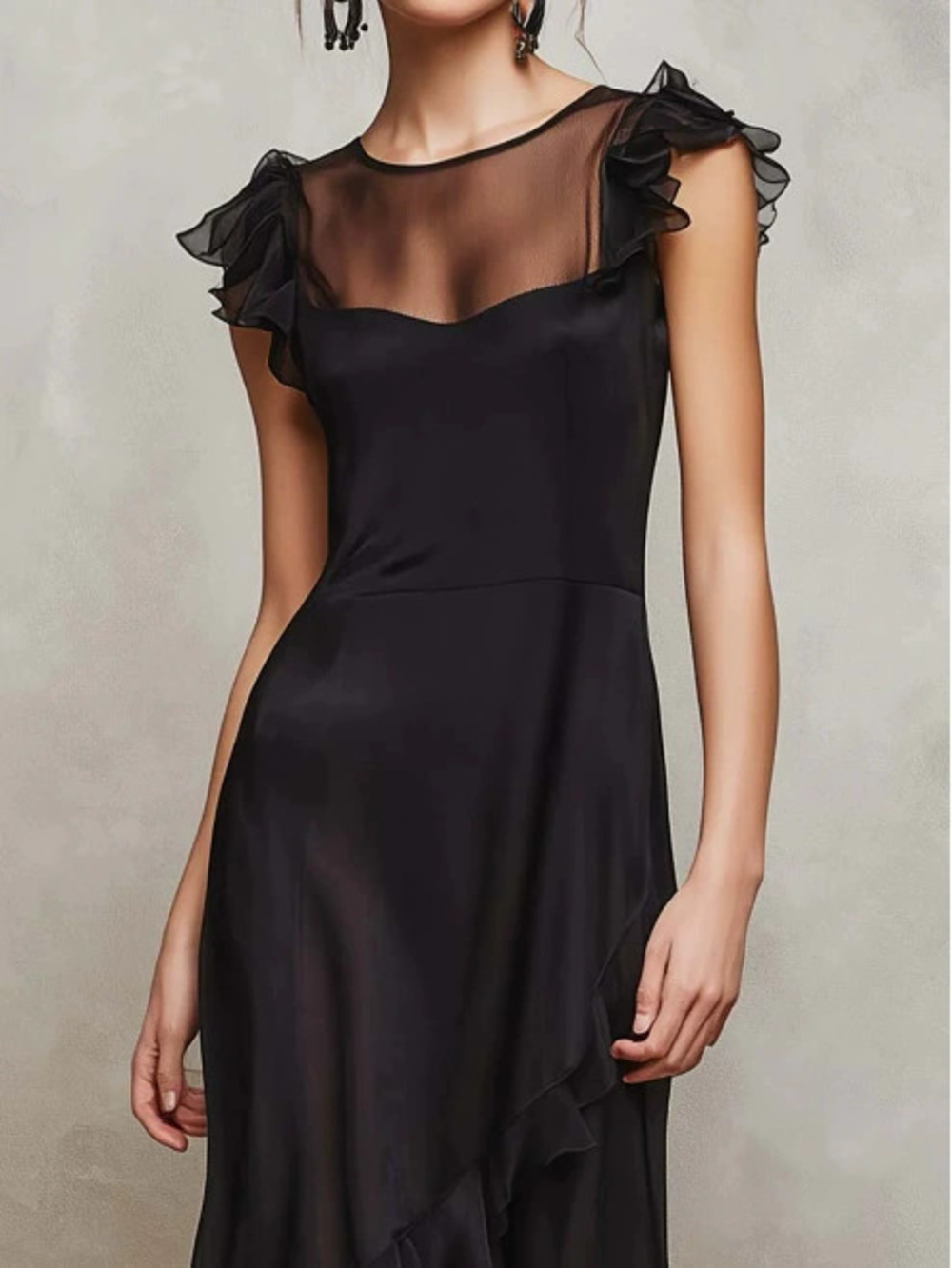 Women Sheer Ruffle Asymmetric Maxi Dress